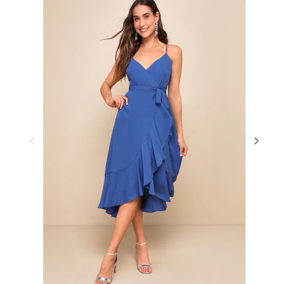 Lulus Manhattan Moment Blue Ruffled Midi Wrap Dress - Blue - Size Medium - Picture 2 of 16
